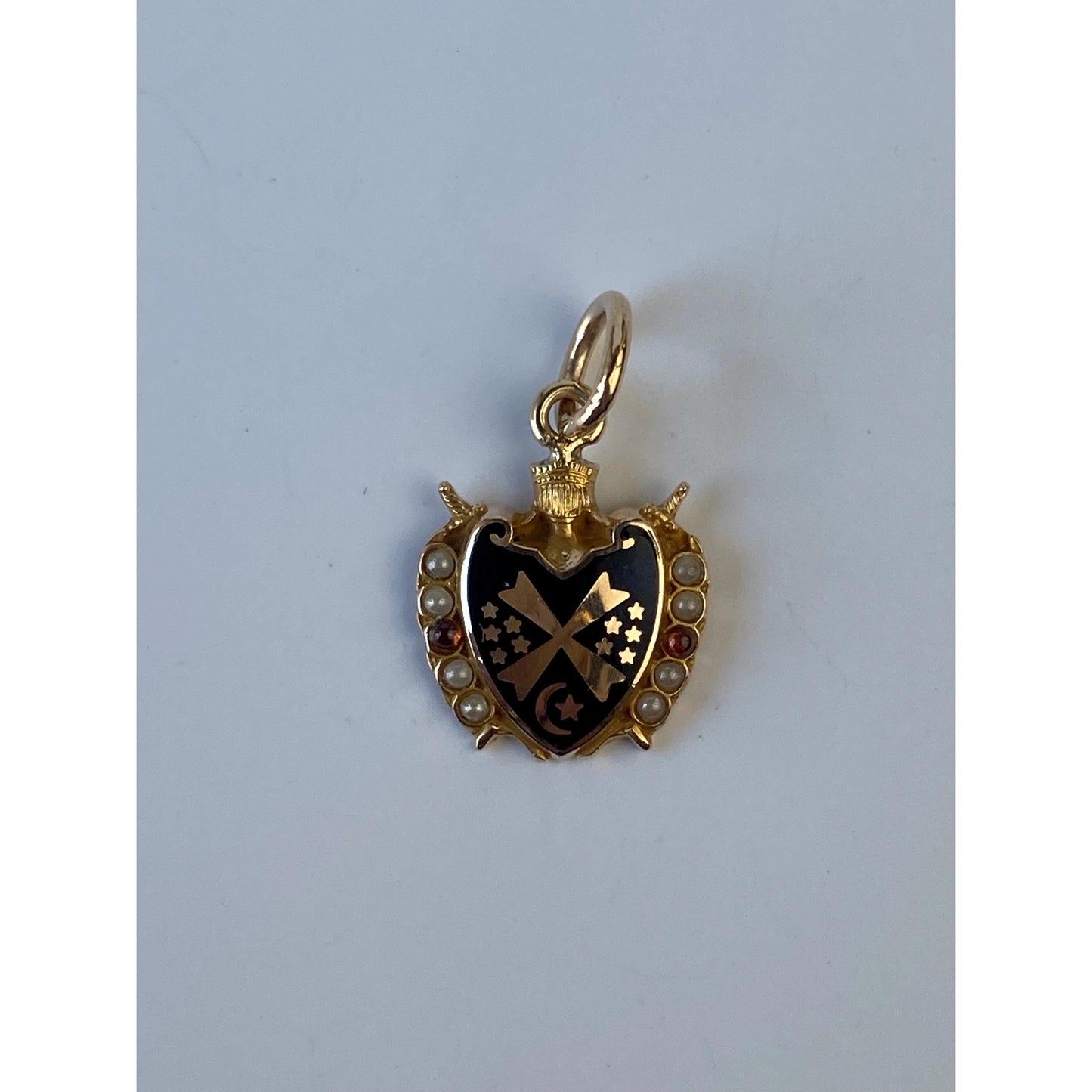 Vintage Solid 10k Yellow Gold Enamel Seed Pearl Shield Charm