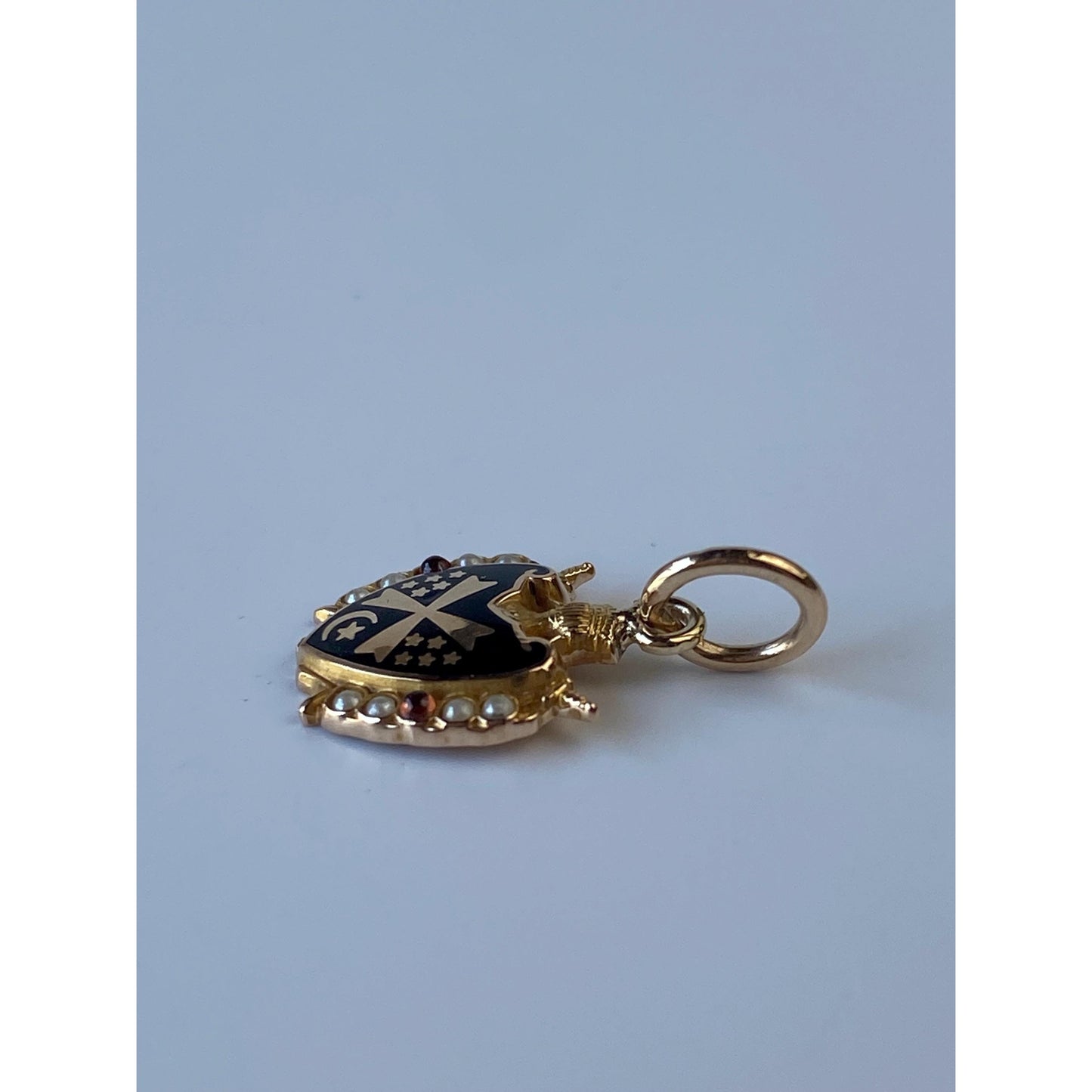 Vintage Solid 10k Yellow Gold Enamel Seed Pearl Shield Charm