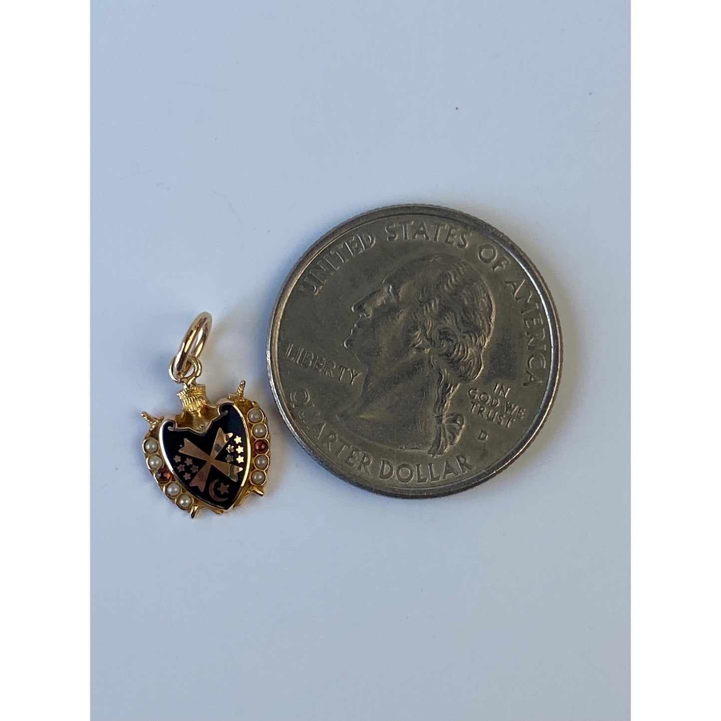 Vintage Solid 10k Yellow Gold Enamel Seed Pearl Shield Charm