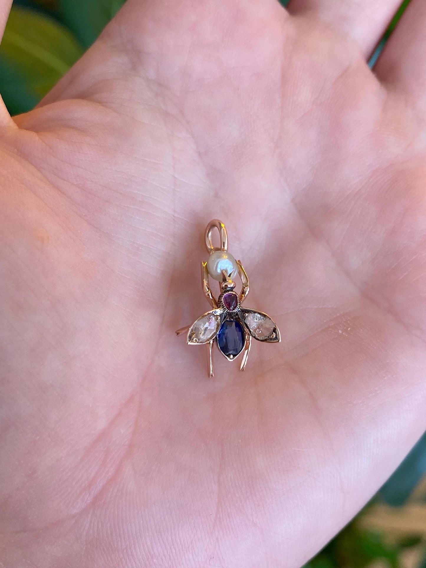 Vintage Solid 14k Rose Gold Diamond Blue Sapphire Pink Spinel Pearl Bee Charm