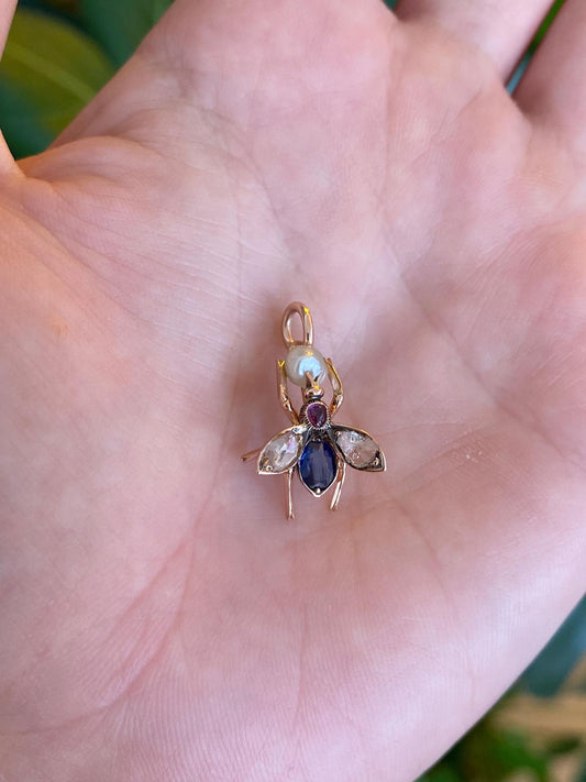 Vintage Solid 14k Rose Gold Diamond Blue Sapphire Pink Spinel Pearl Bee Charm