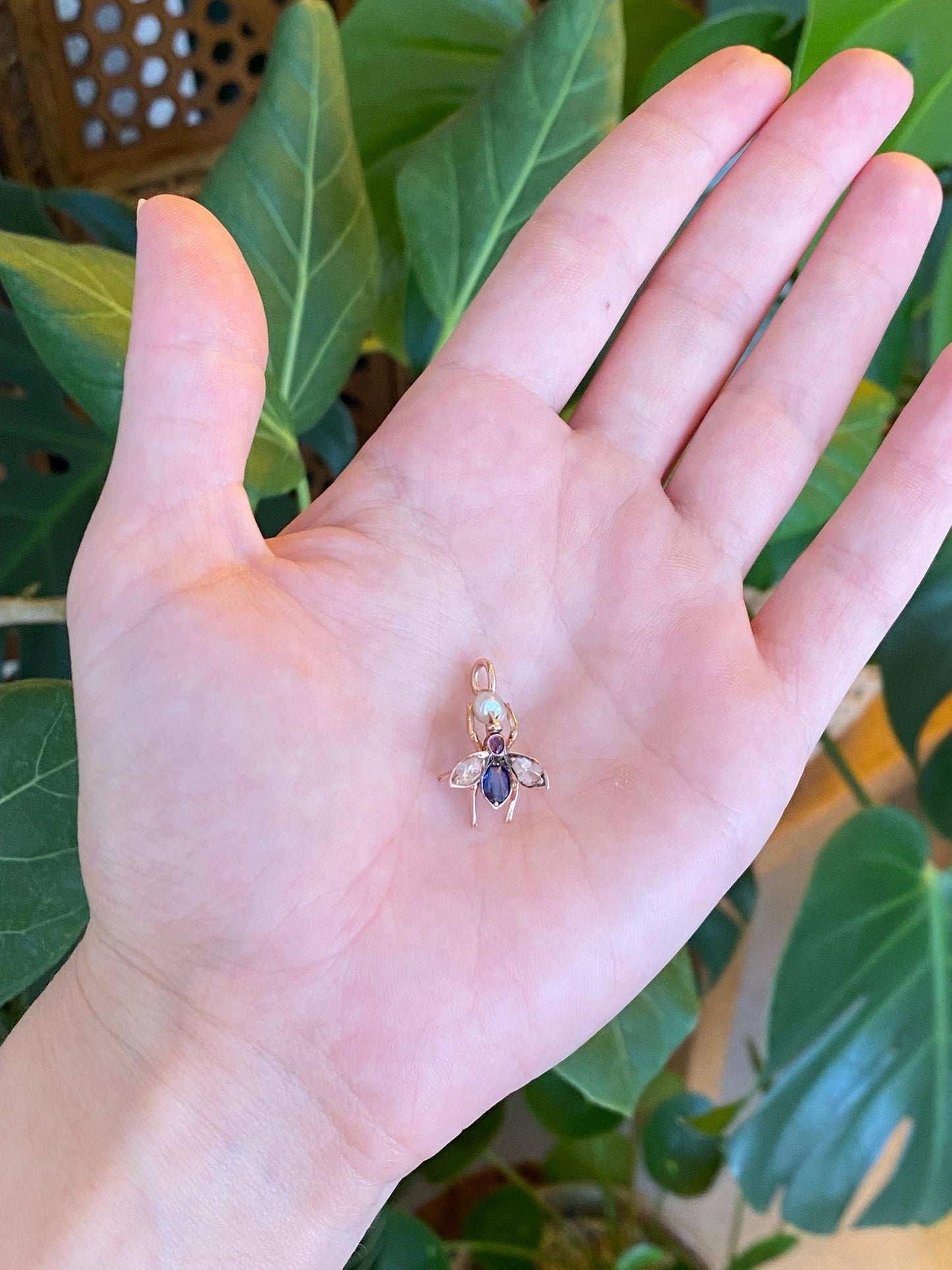 Vintage Solid 14k Rose Gold Diamond Blue Sapphire Pink Spinel Pearl Bee Charm