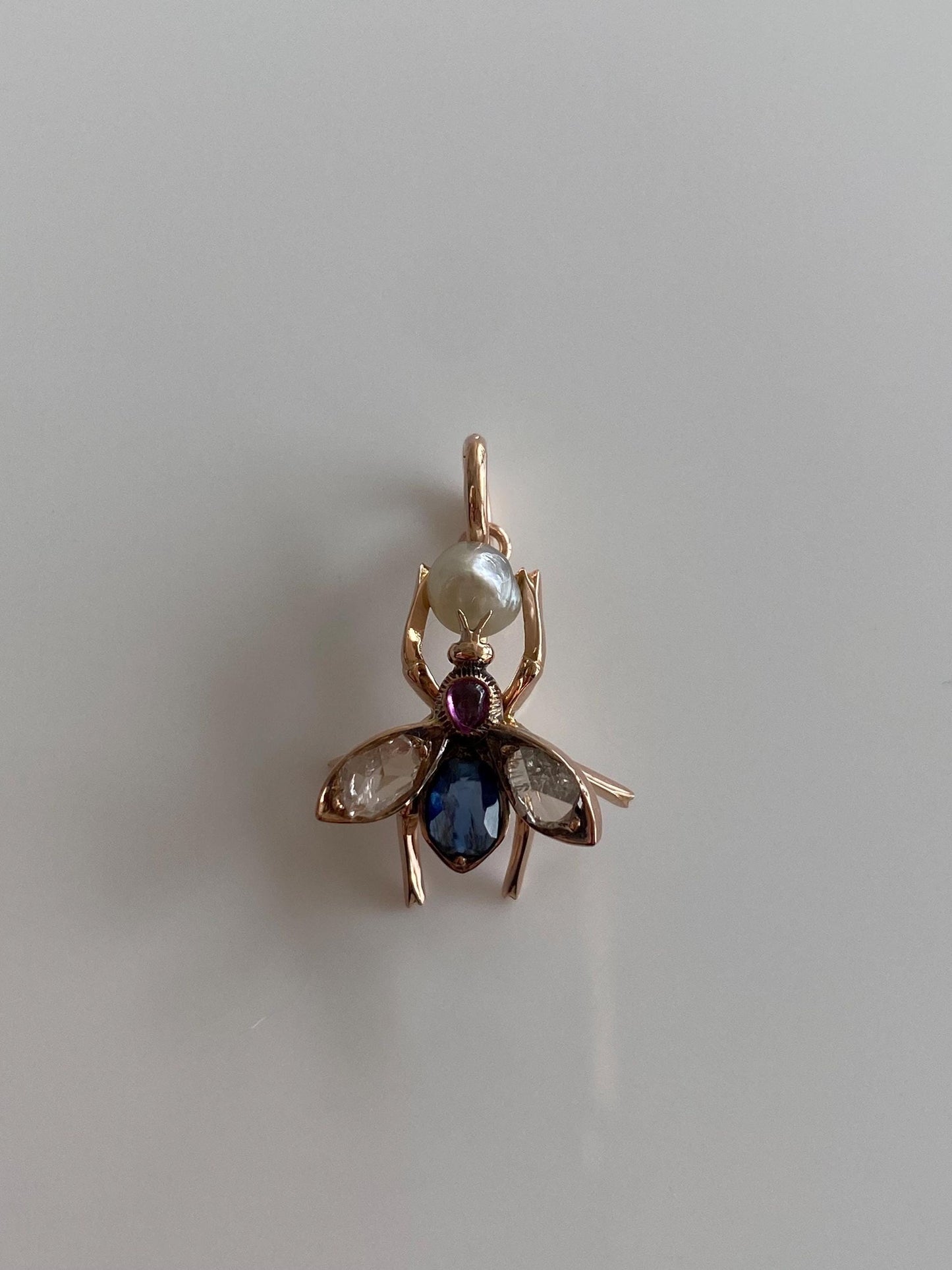 Vintage Solid 14k Rose Gold Diamond Blue Sapphire Pink Spinel Pearl Bee Charm