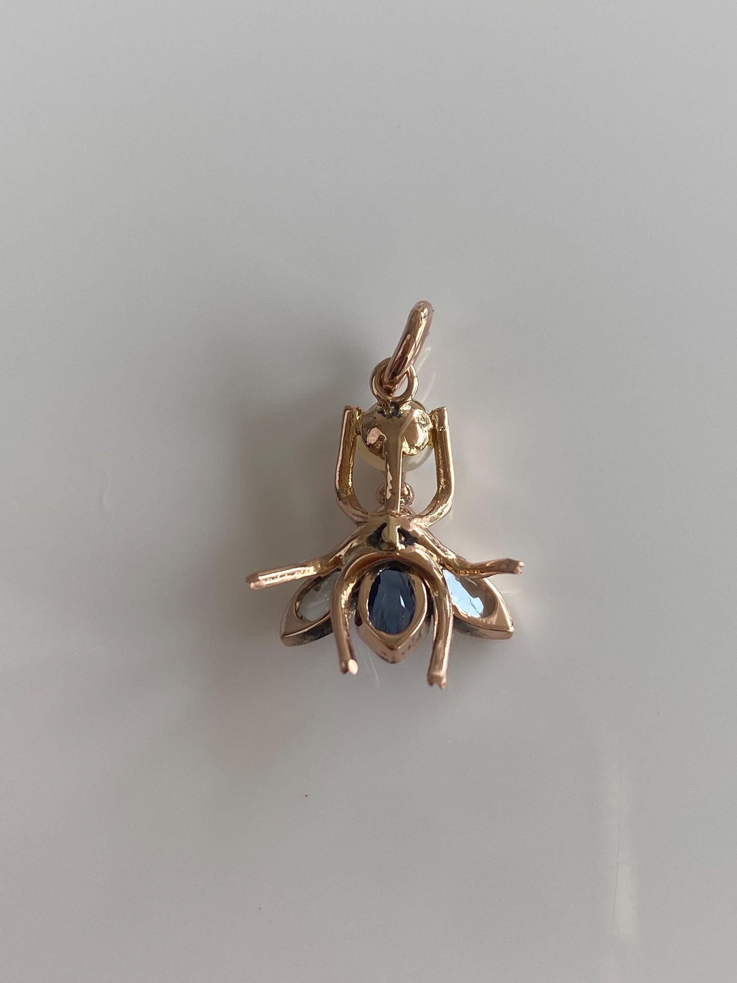 Vintage Solid 14k Rose Gold Diamond Blue Sapphire Pink Spinel Pearl Bee Charm
