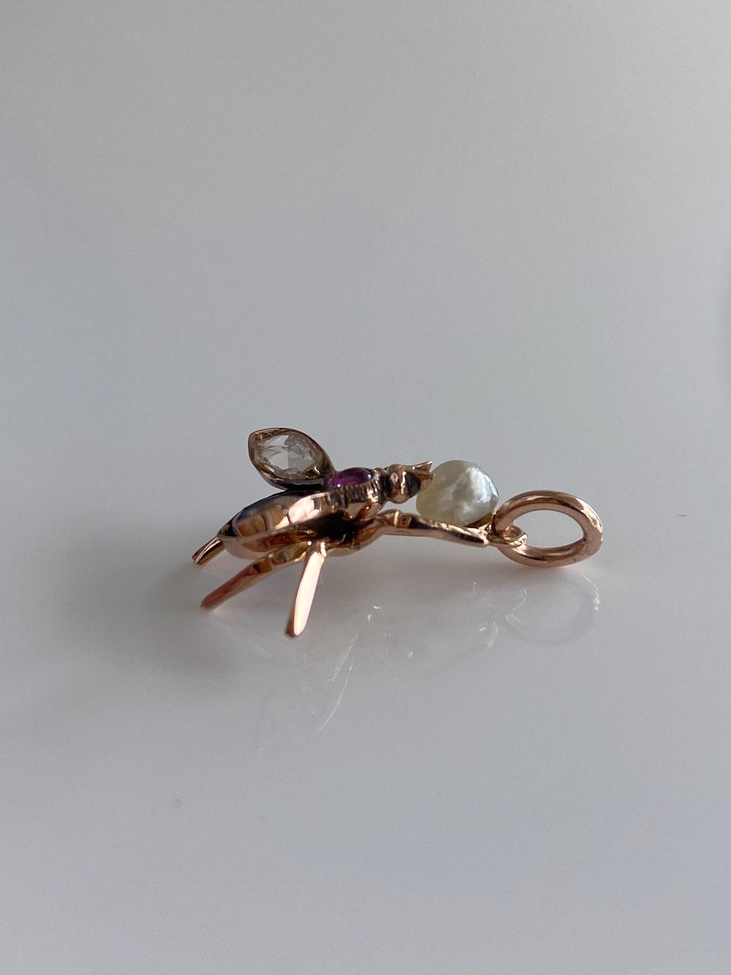 Vintage Solid 14k Rose Gold Diamond Blue Sapphire Pink Spinel Pearl Bee Charm