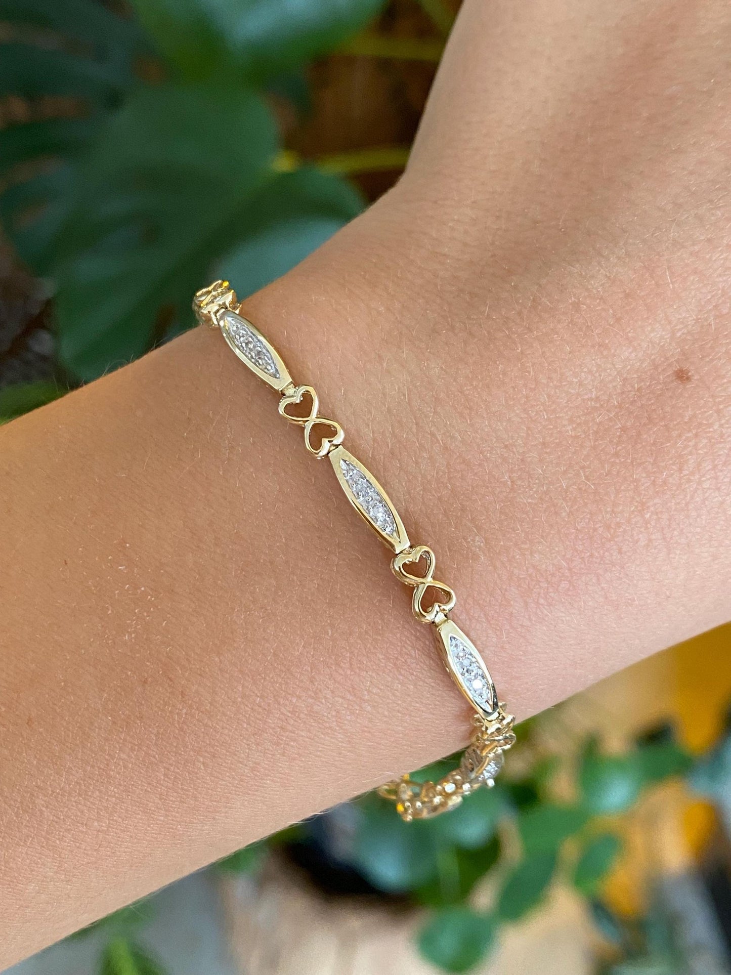 Vintage Solid 10k White & Yellow Gold Diamond I LOVE U Link Bracelet - 7.25 inches