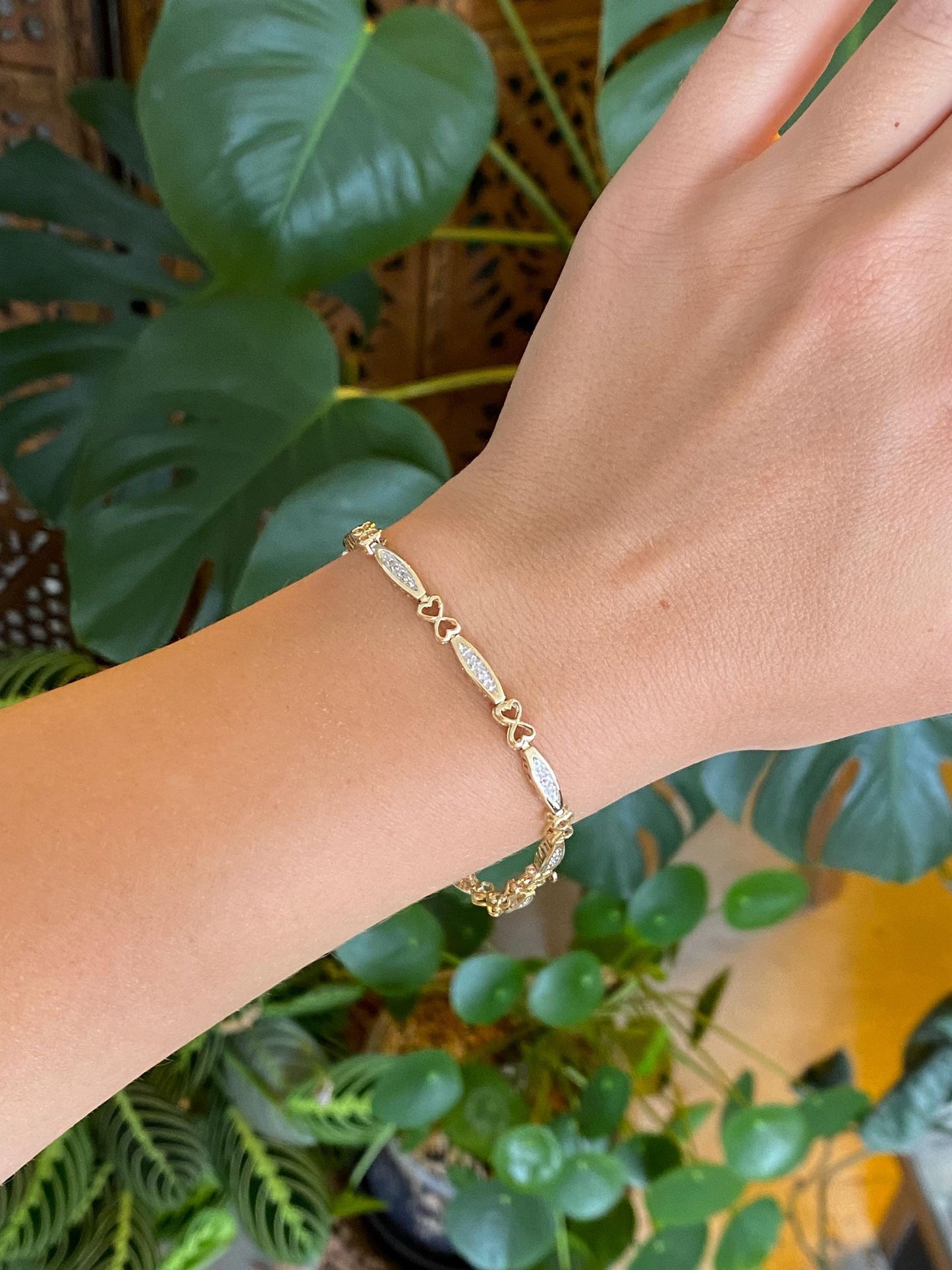 Vintage Solid 10k White & Yellow Gold Diamond I LOVE U Link Bracelet - 7.25 inches