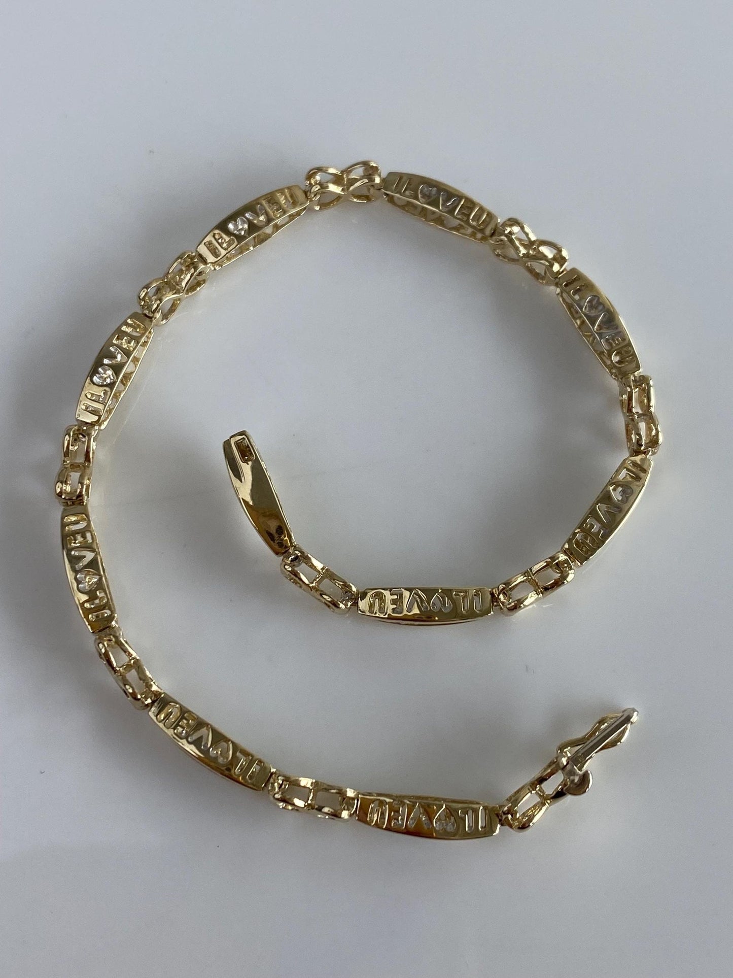Vintage Solid 10k White & Yellow Gold Diamond I LOVE U Link Bracelet - 7.25 inches