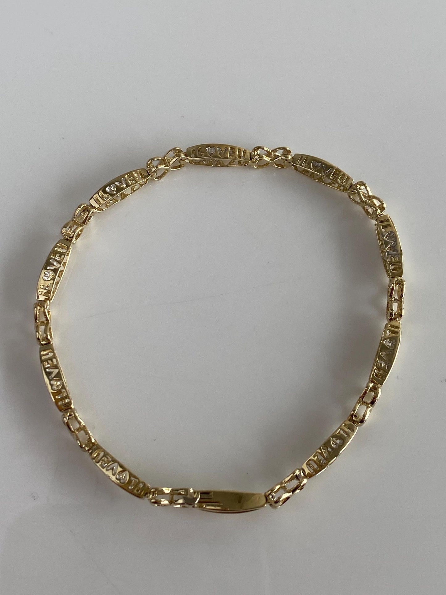 Vintage Solid 10k White & Yellow Gold Diamond I LOVE U Link Bracelet - 7.25 inches