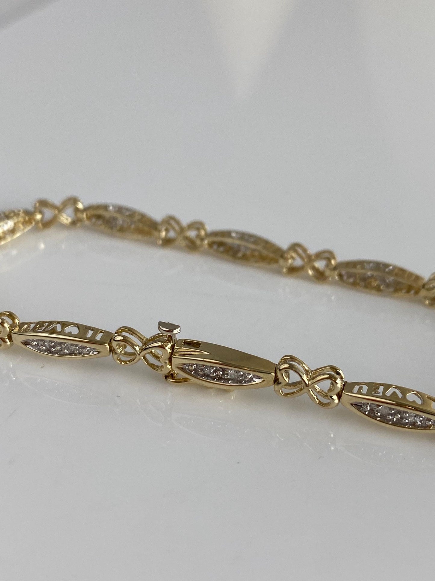 Vintage Solid 10k White & Yellow Gold Diamond I LOVE U Link Bracelet - 7.25 inches