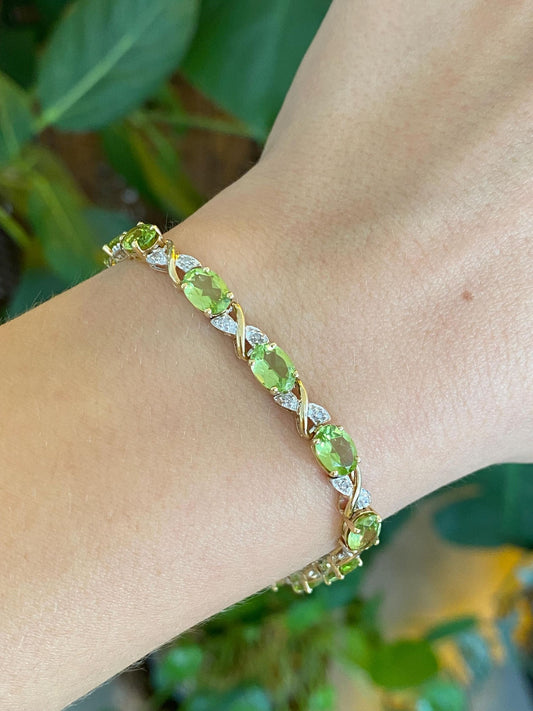 Vintage Solid 10k White & Yellow Gold Diamond Peridot Link Bracelet - 7.25 inches