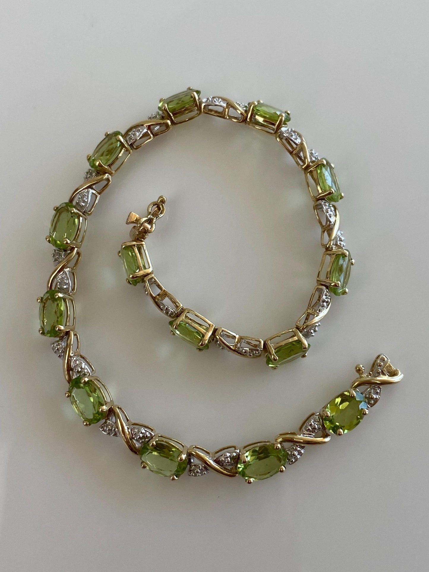 Vintage Solid 10k White & Yellow Gold Diamond Peridot Link Bracelet - 7.25 inches