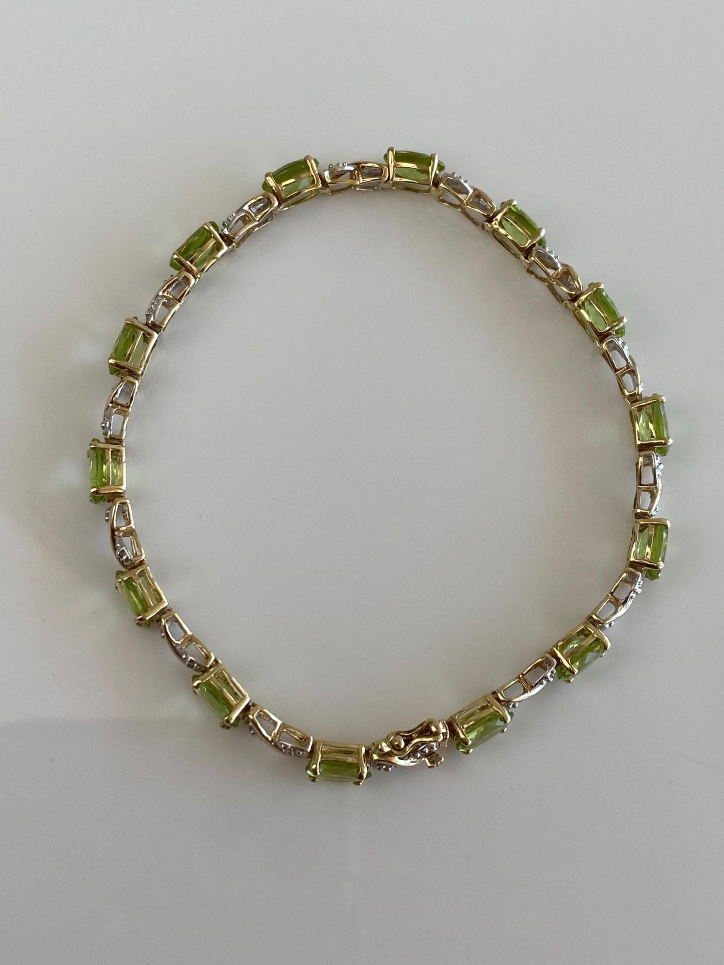 Vintage Solid 10k White & Yellow Gold Diamond Peridot Link Bracelet - 7.25 inches