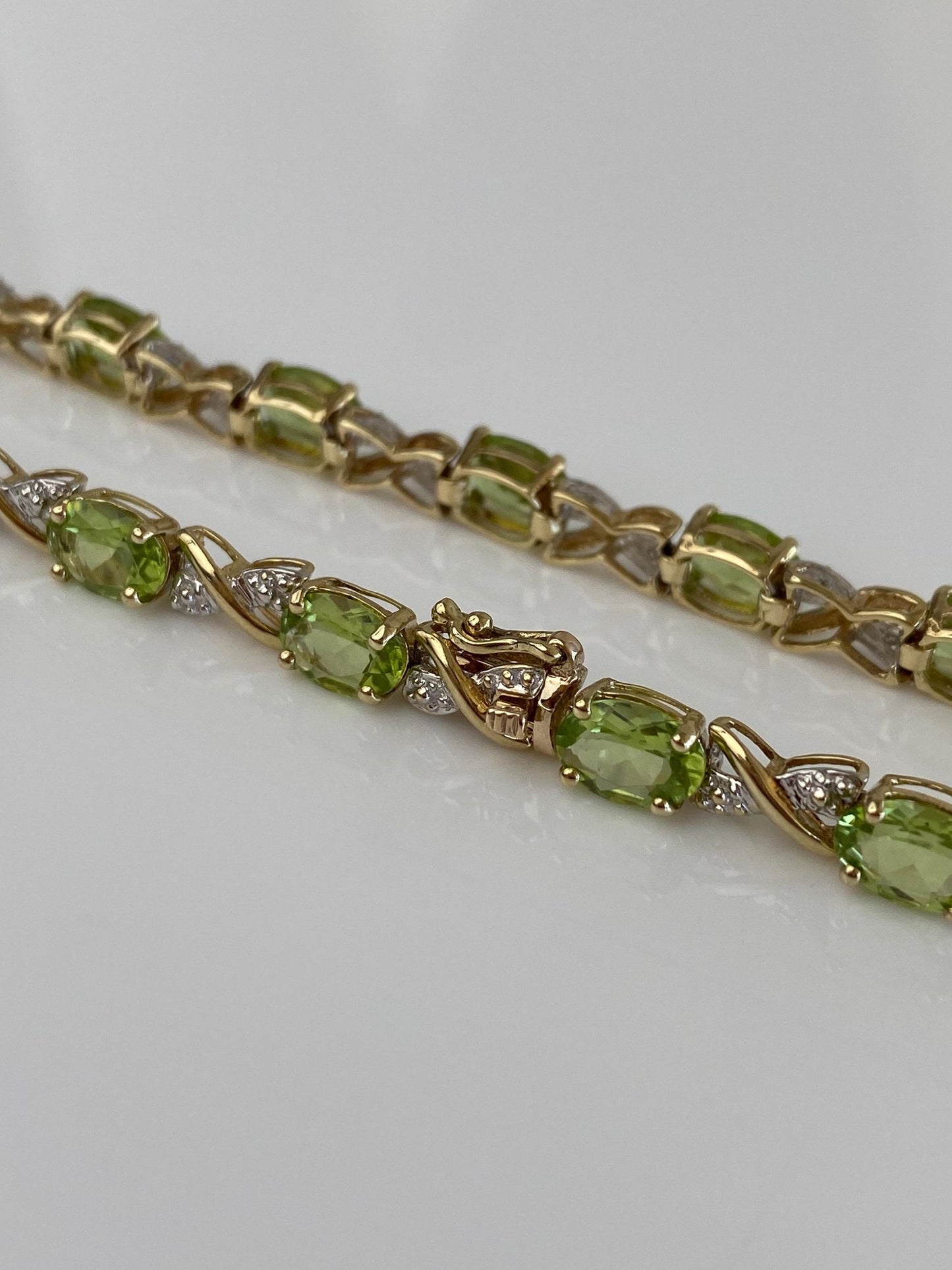 Vintage Solid 10k White & Yellow Gold Diamond Peridot Link Bracelet - 7.25 inches