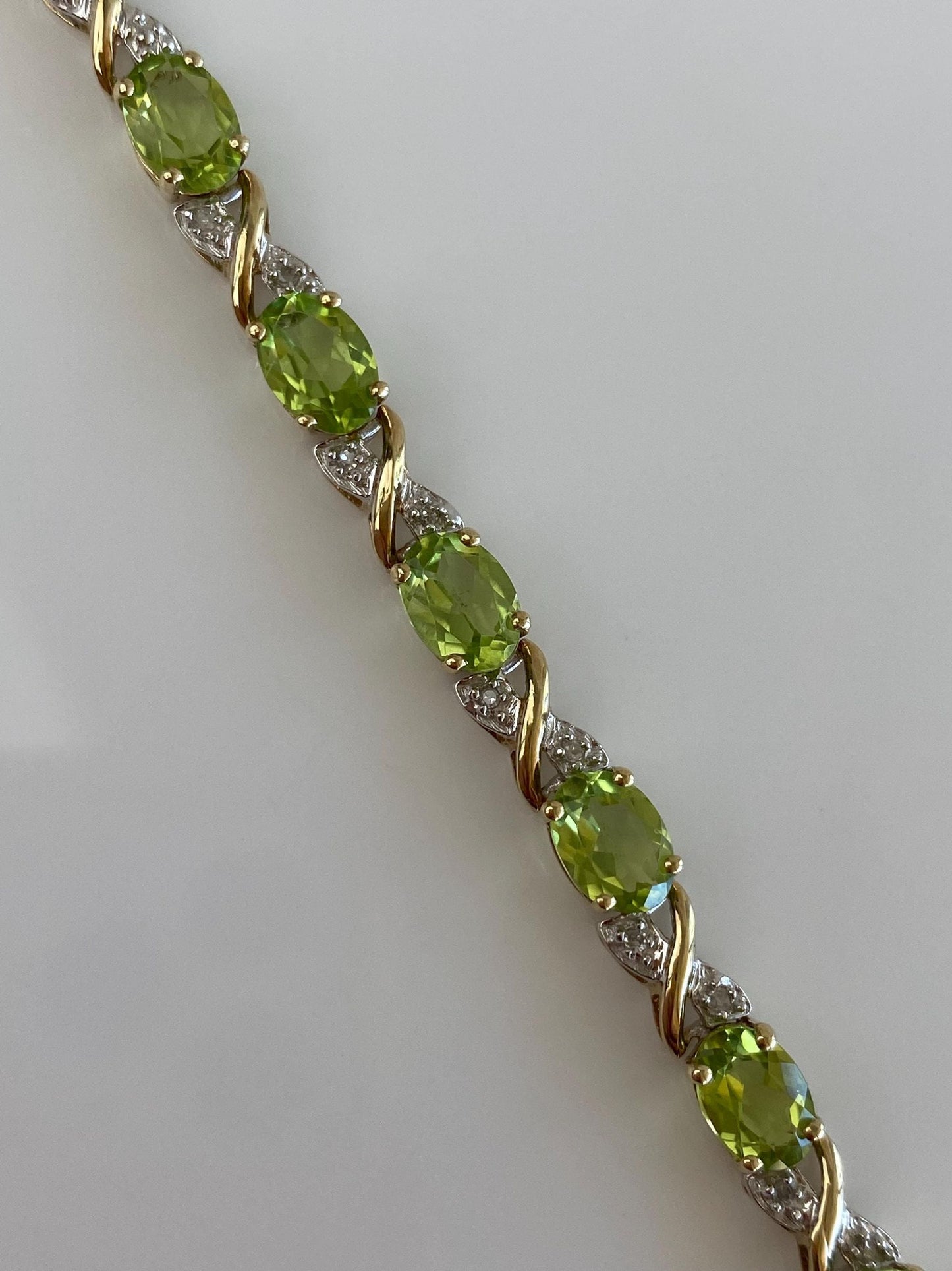 Vintage Solid 10k White & Yellow Gold Diamond Peridot Link Bracelet - 7.25 inches