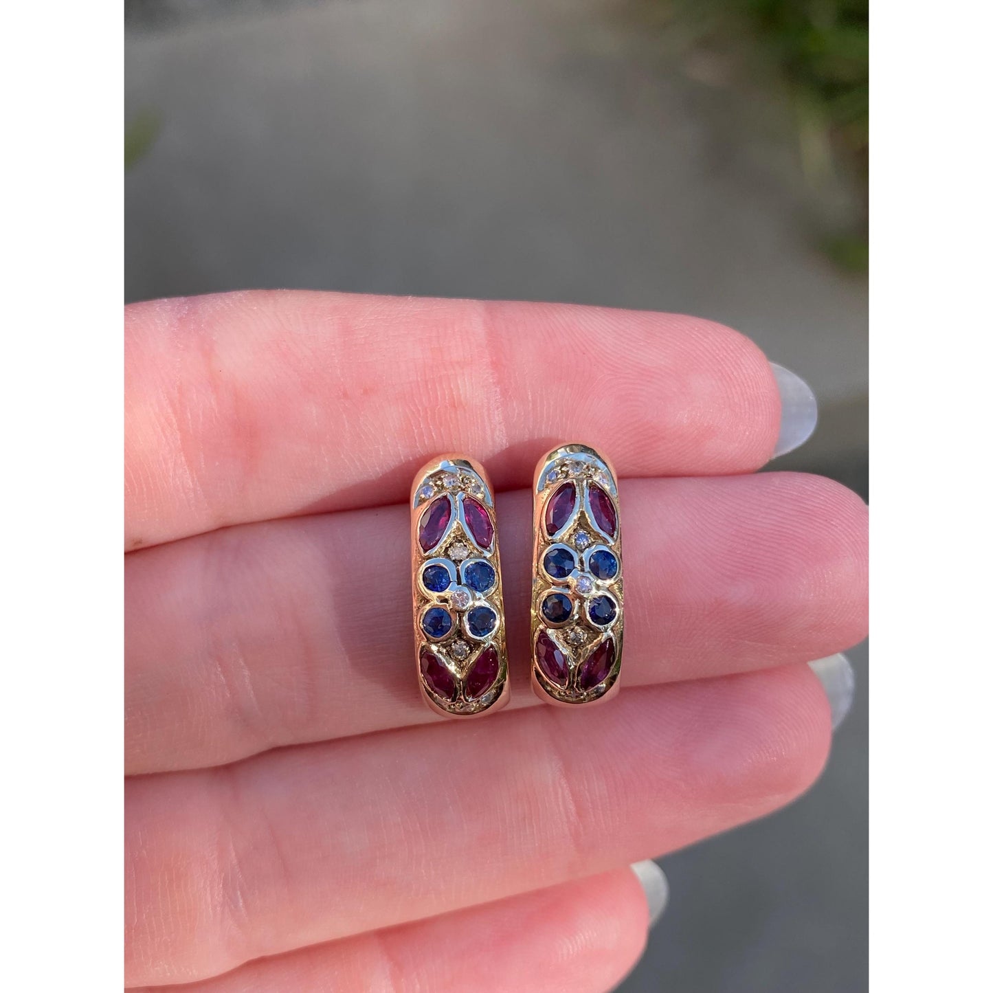 Vintage Solid 14k Yellow Gold Ruby Sapphire & Diamond Drop Earrings