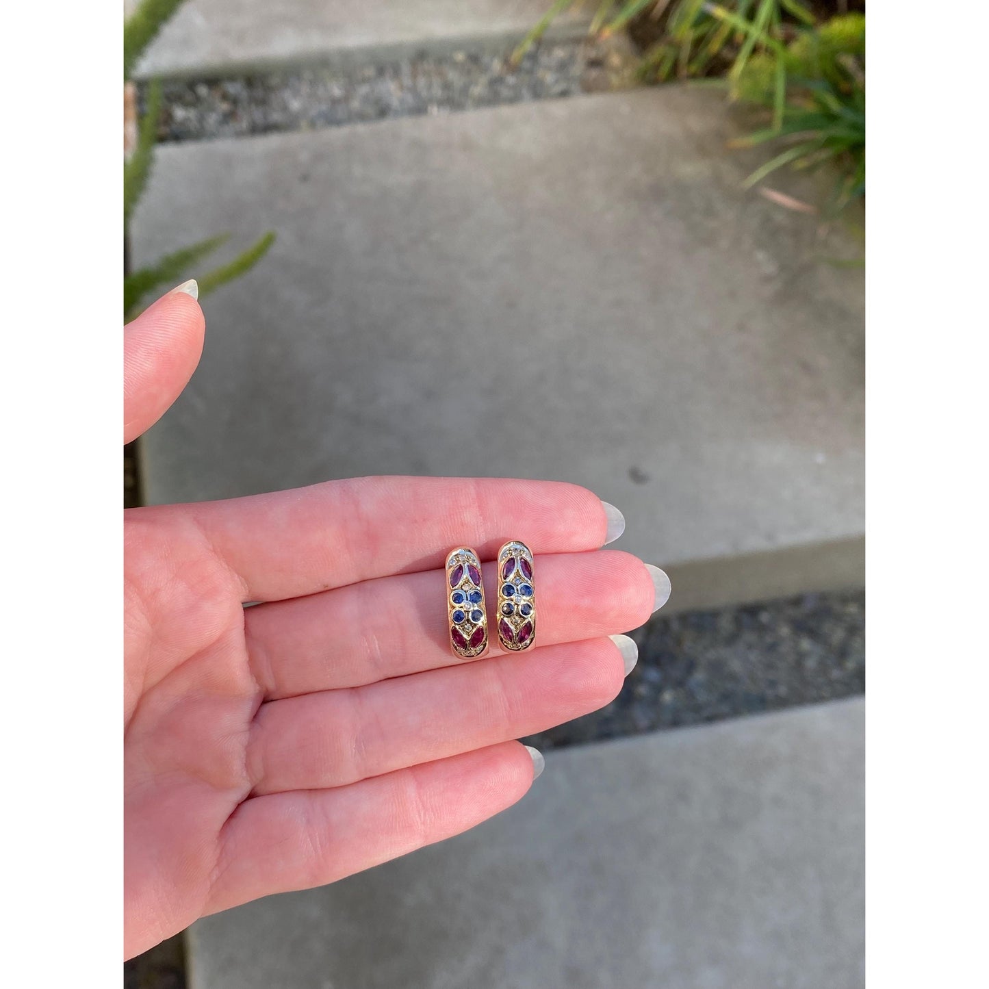 Vintage Solid 14k Yellow Gold Ruby Sapphire & Diamond Drop Earrings