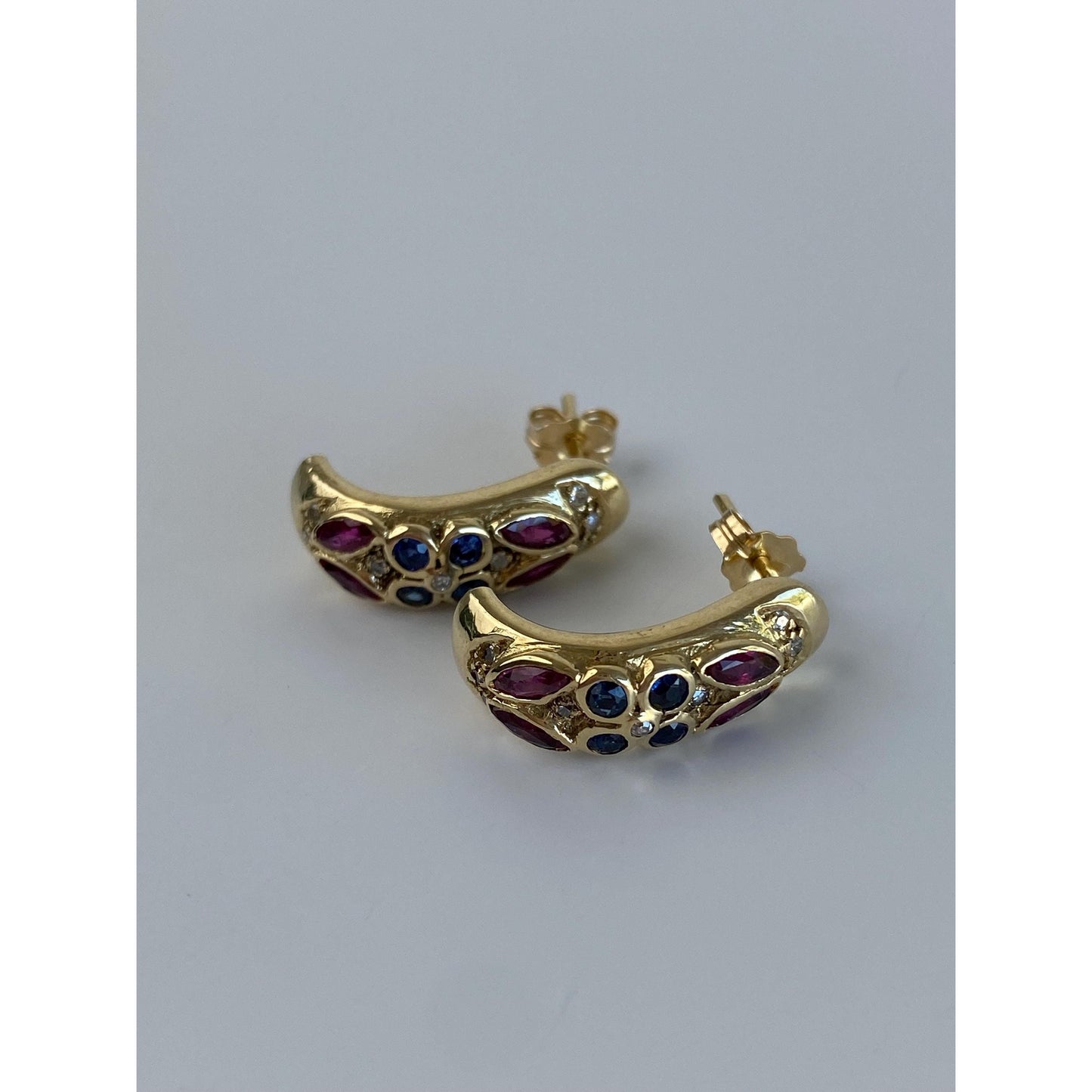 Vintage Solid 14k Yellow Gold Ruby Sapphire & Diamond Drop Earrings