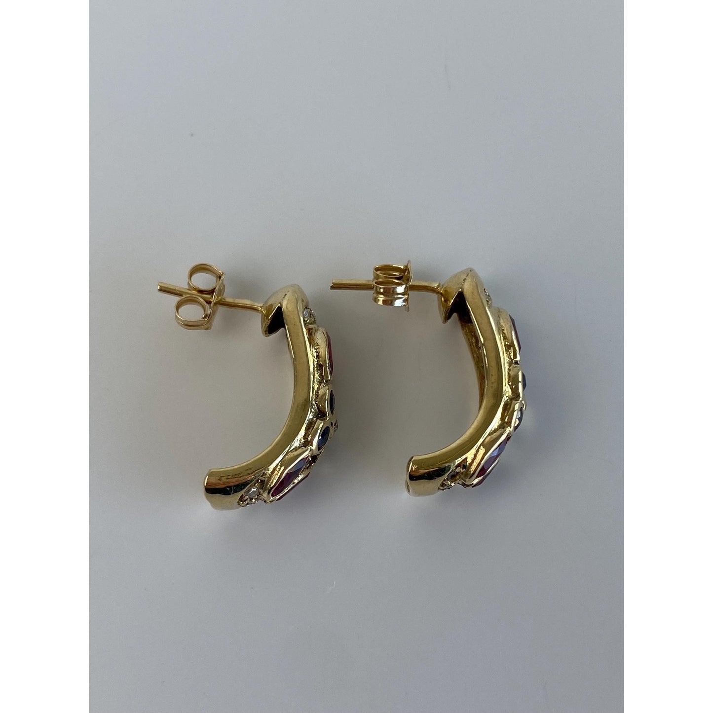 Vintage Solid 14k Yellow Gold Ruby Sapphire & Diamond Drop Earrings