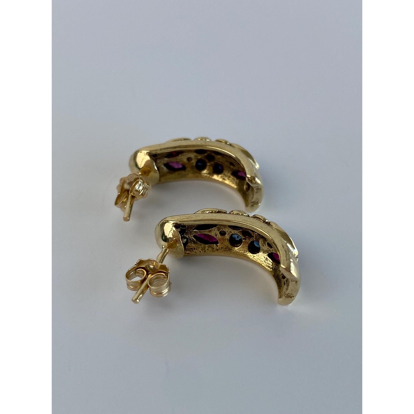 Vintage Solid 14k Yellow Gold Ruby Sapphire & Diamond Drop Earrings