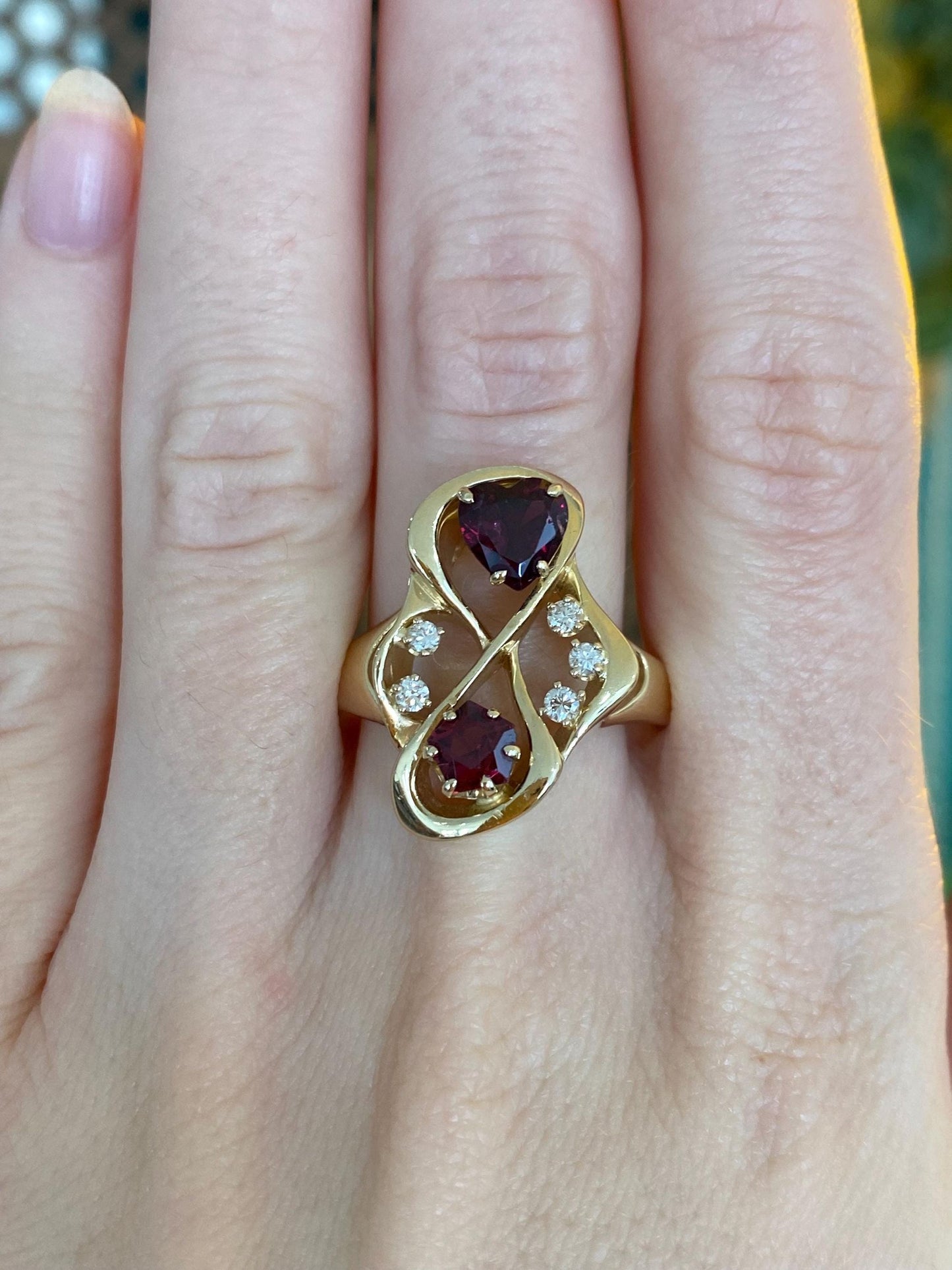 Vintage Solid 14k Yellow Gold Diamond Garnet Ring - Size 10.5