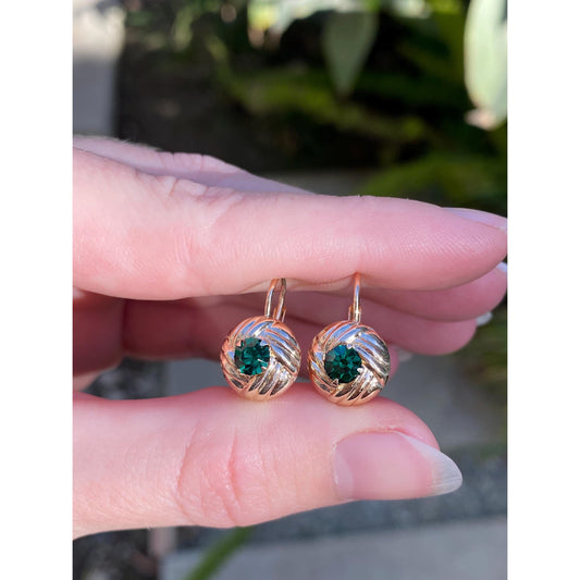 Solid 14k Yellow Gold Green Cubic Zirconia Weave Pattern Drop Earrings