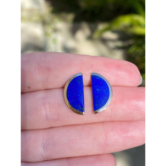 Vintage Solid 14k Yellow Gold Blue Lapis Lazuli Inlay Stud Earrings