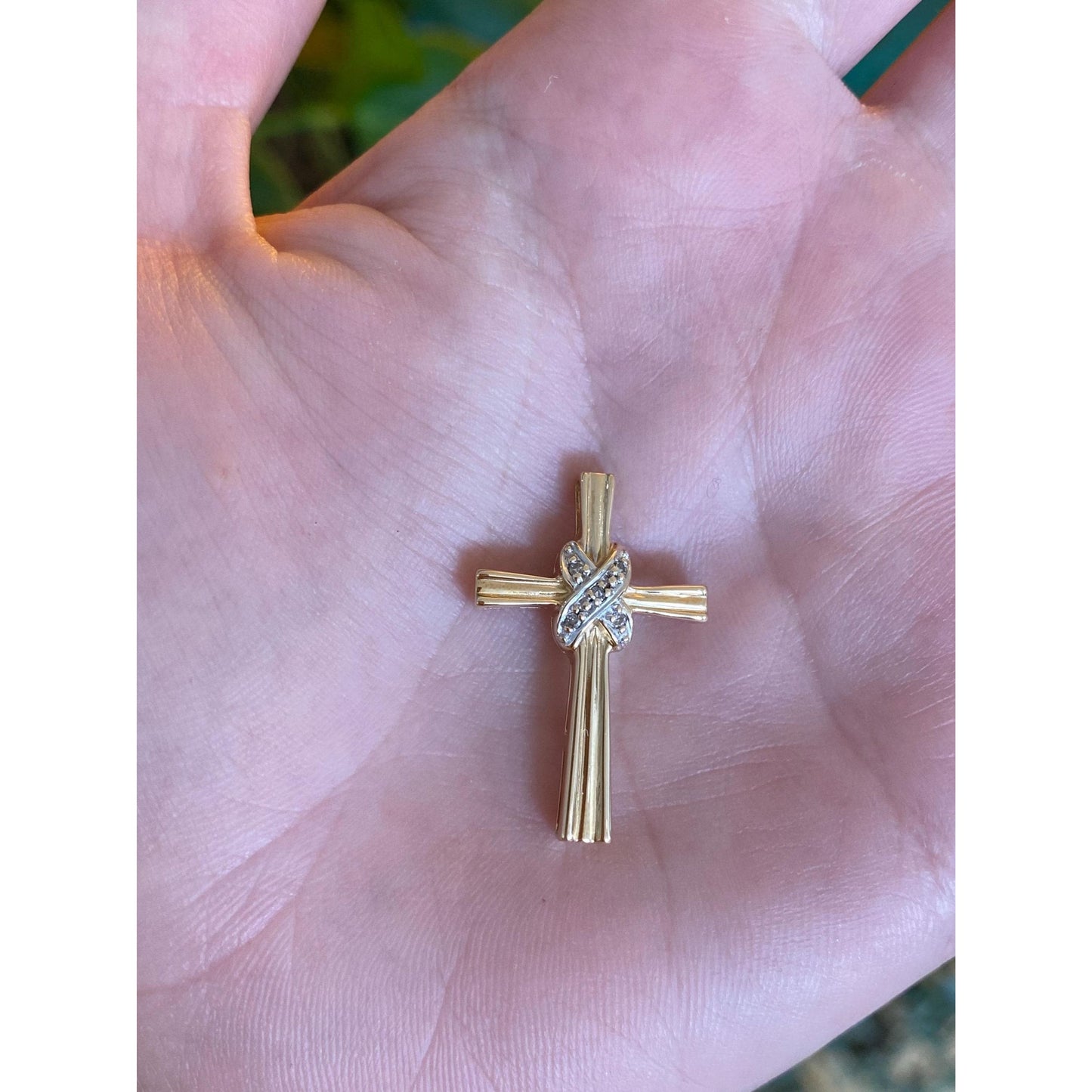 Vintage Solid 14k White & Yellow Gold Diamond Cross Charm