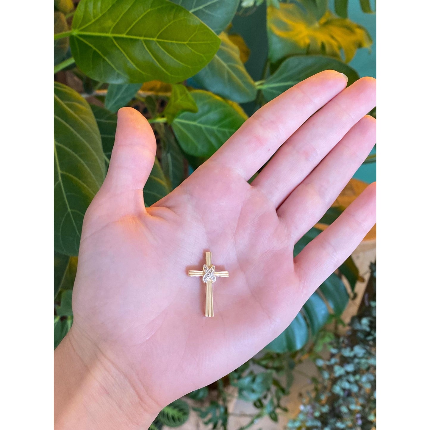 Vintage Solid 14k White & Yellow Gold Diamond Cross Charm
