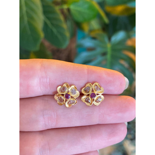 Vintage Solid 20k Yellow Gold Raw Diamond Ruby Flower Stud Earrings