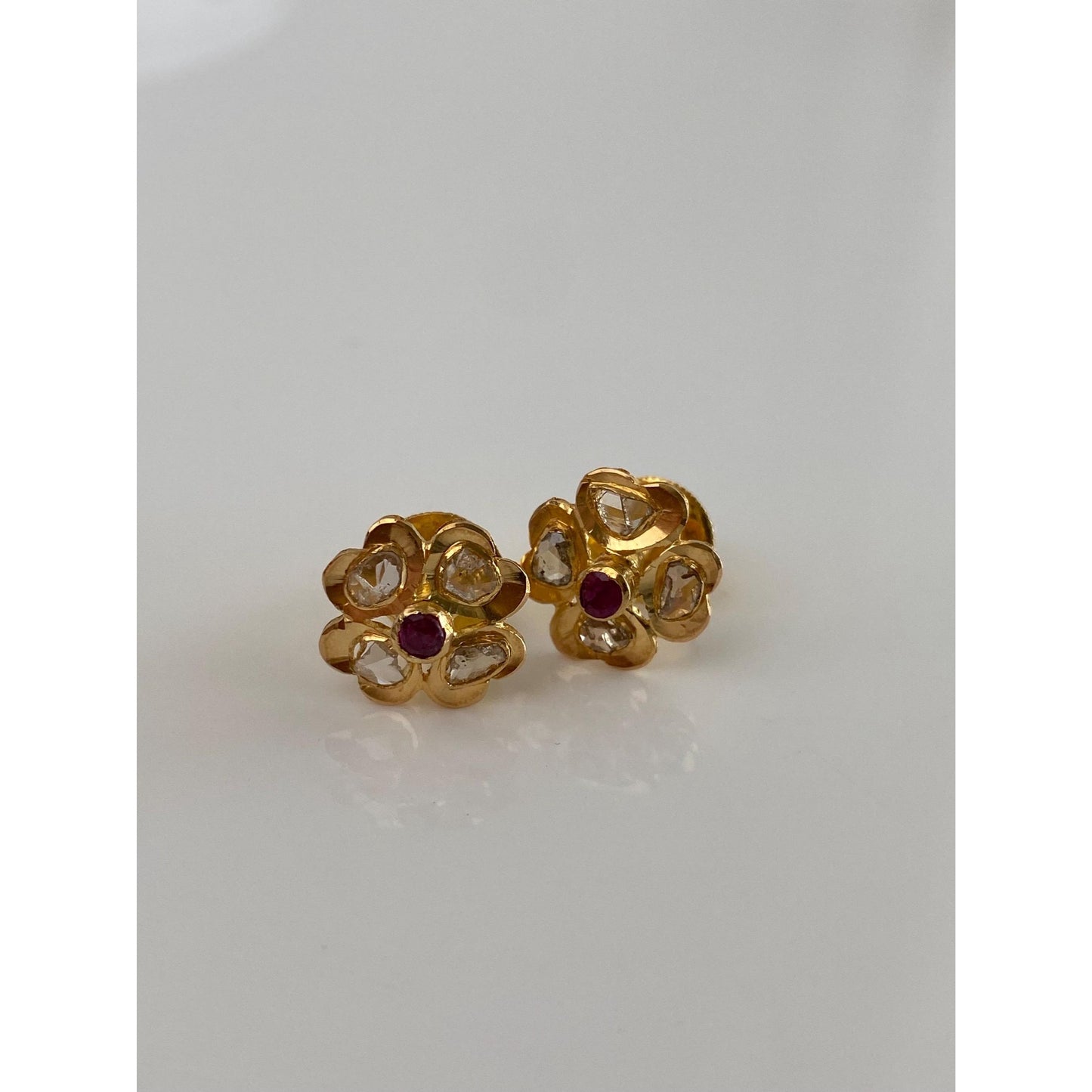 Vintage Solid 20k Yellow Gold Raw Diamond Ruby Flower Stud Earrings