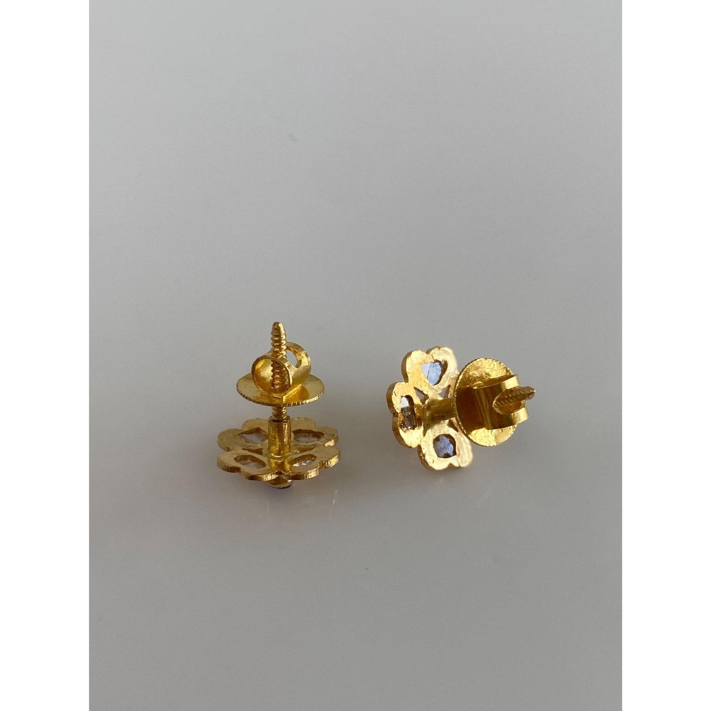 Vintage Solid 20k Yellow Gold Raw Diamond Ruby Flower Stud Earrings