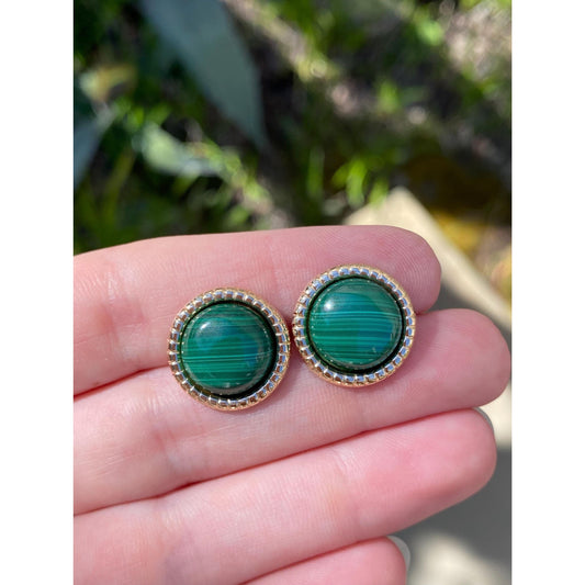 Vintage Solid 14k Yellow Gold Malachite Stud Earrings