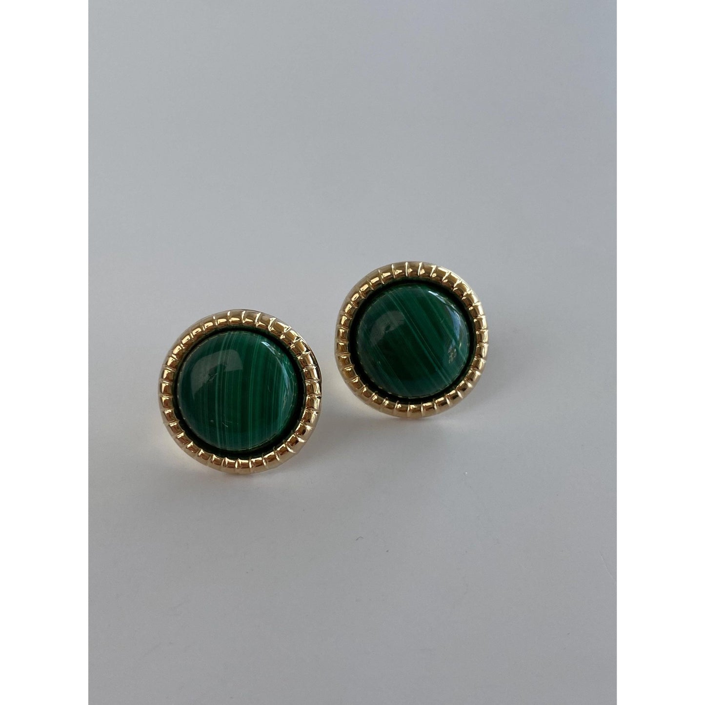 Vintage Solid 14k Yellow Gold Malachite Stud Earrings