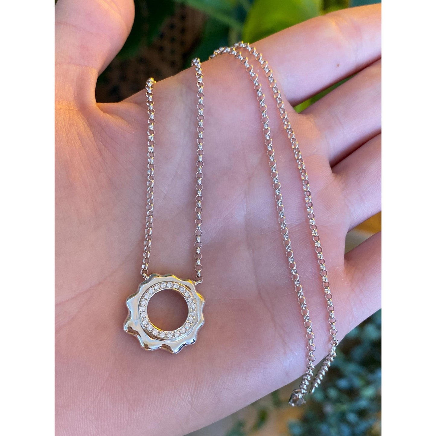 Solid 18k White Gold Diamond Rolo Chain Necklace - 16 inches