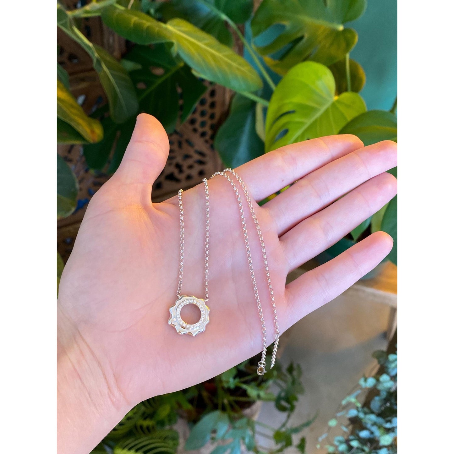 Solid 18k White Gold Diamond Rolo Chain Necklace - 16 inches