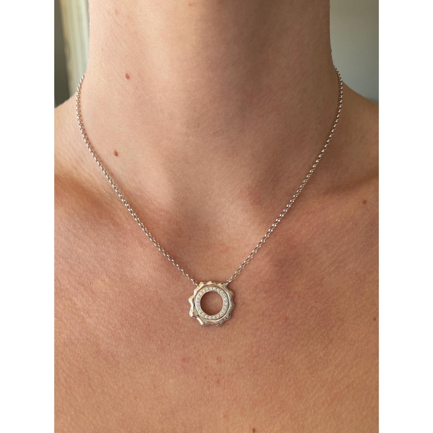 Solid 18k White Gold Diamond Rolo Chain Necklace - 16 inches