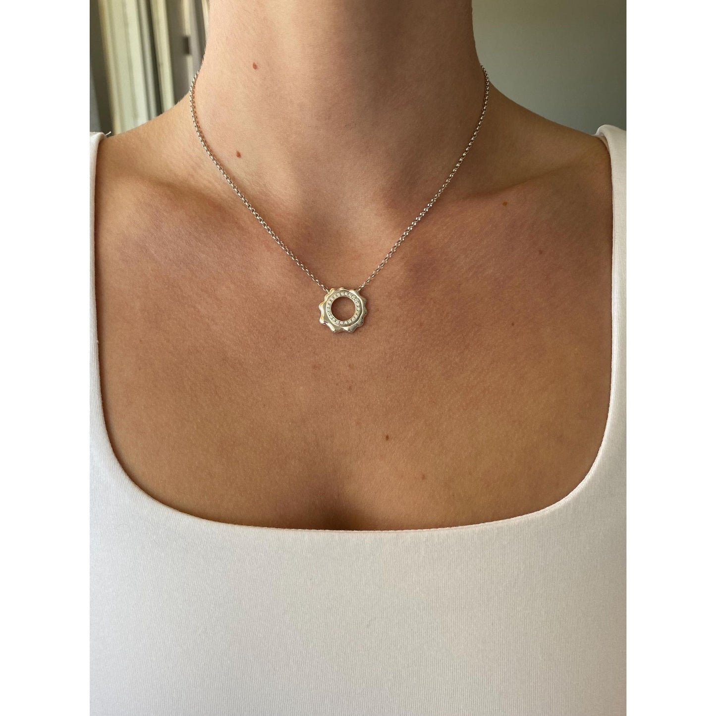 Solid 18k White Gold Diamond Rolo Chain Necklace - 16 inches