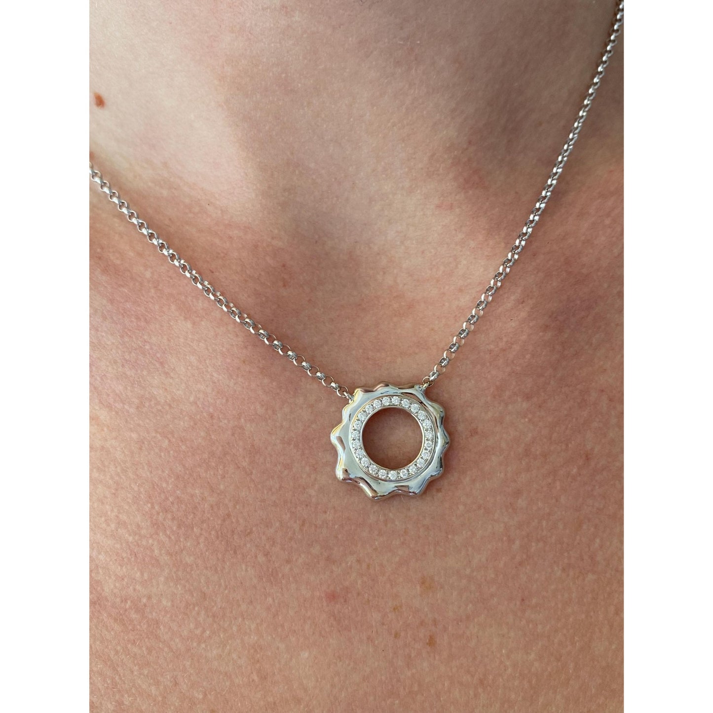 Solid 18k White Gold Diamond Rolo Chain Necklace - 16 inches