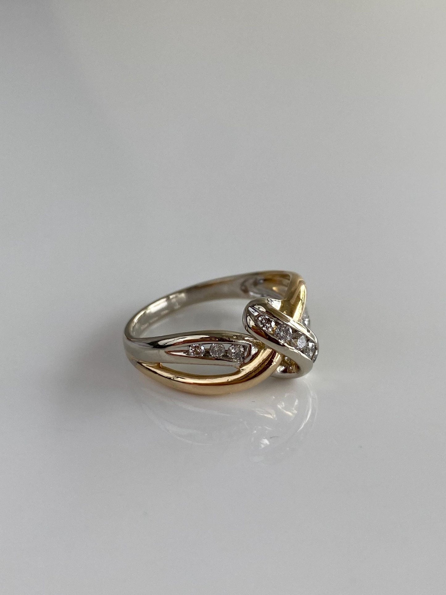 Vintage Solid 14k White & Yellow Gold Diamond Twist Ring Band - Size 7