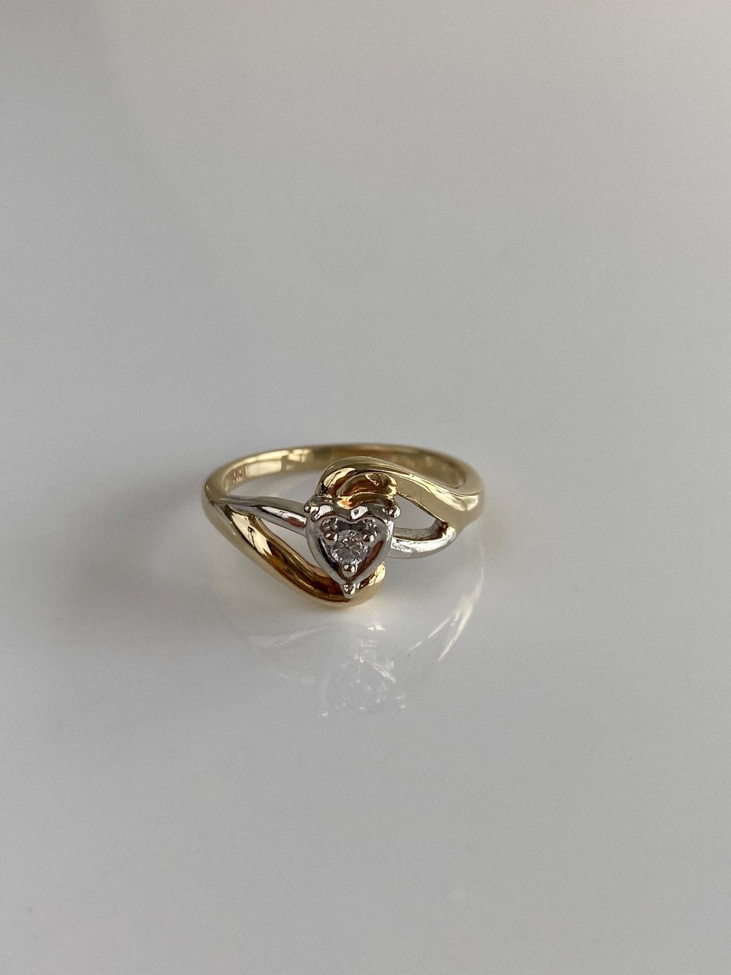Vintage Solid 10k White & Yellow Gold Diamond Heart Ring - Size 6.5