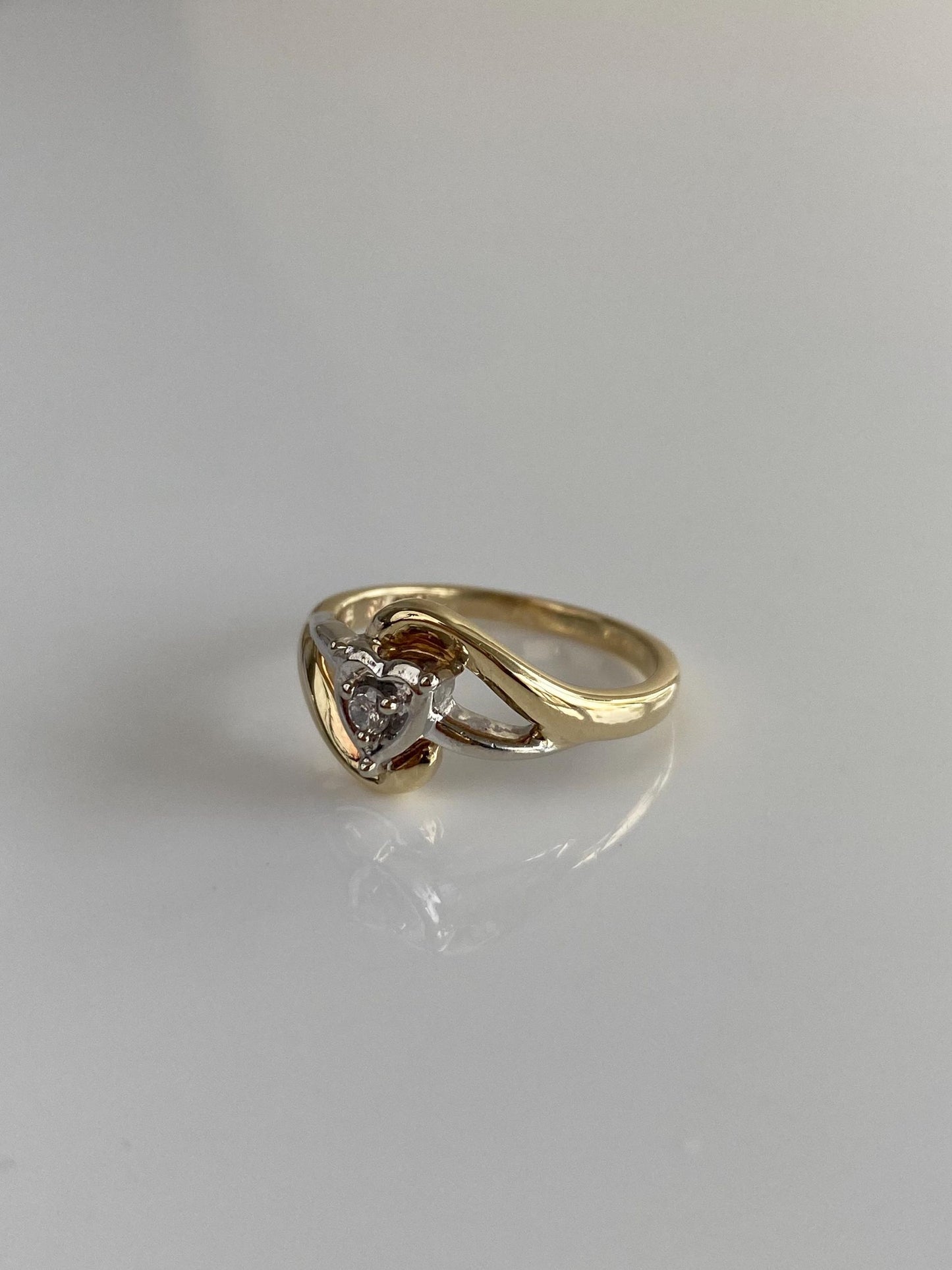 Vintage Solid 10k White & Yellow Gold Diamond Heart Ring - Size 6.5