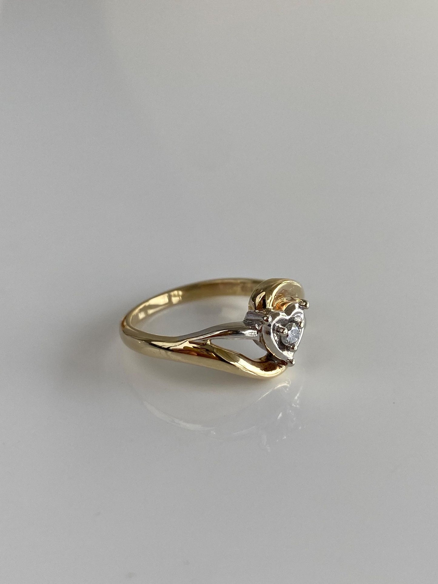 Vintage Solid 10k White & Yellow Gold Diamond Heart Ring - Size 6.5