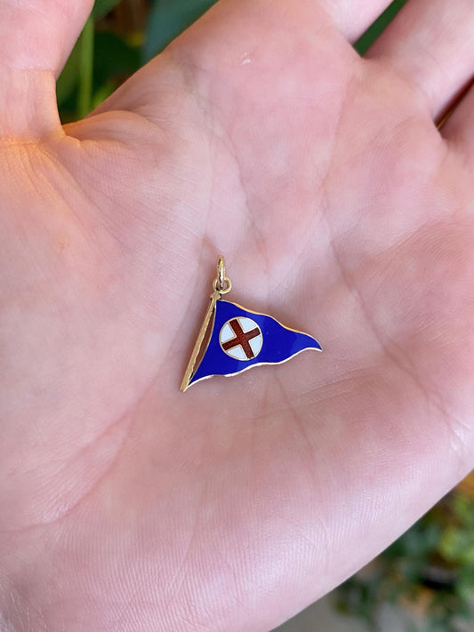 Vintage Solid 14k Yellow Gold Enamel Flag Charm