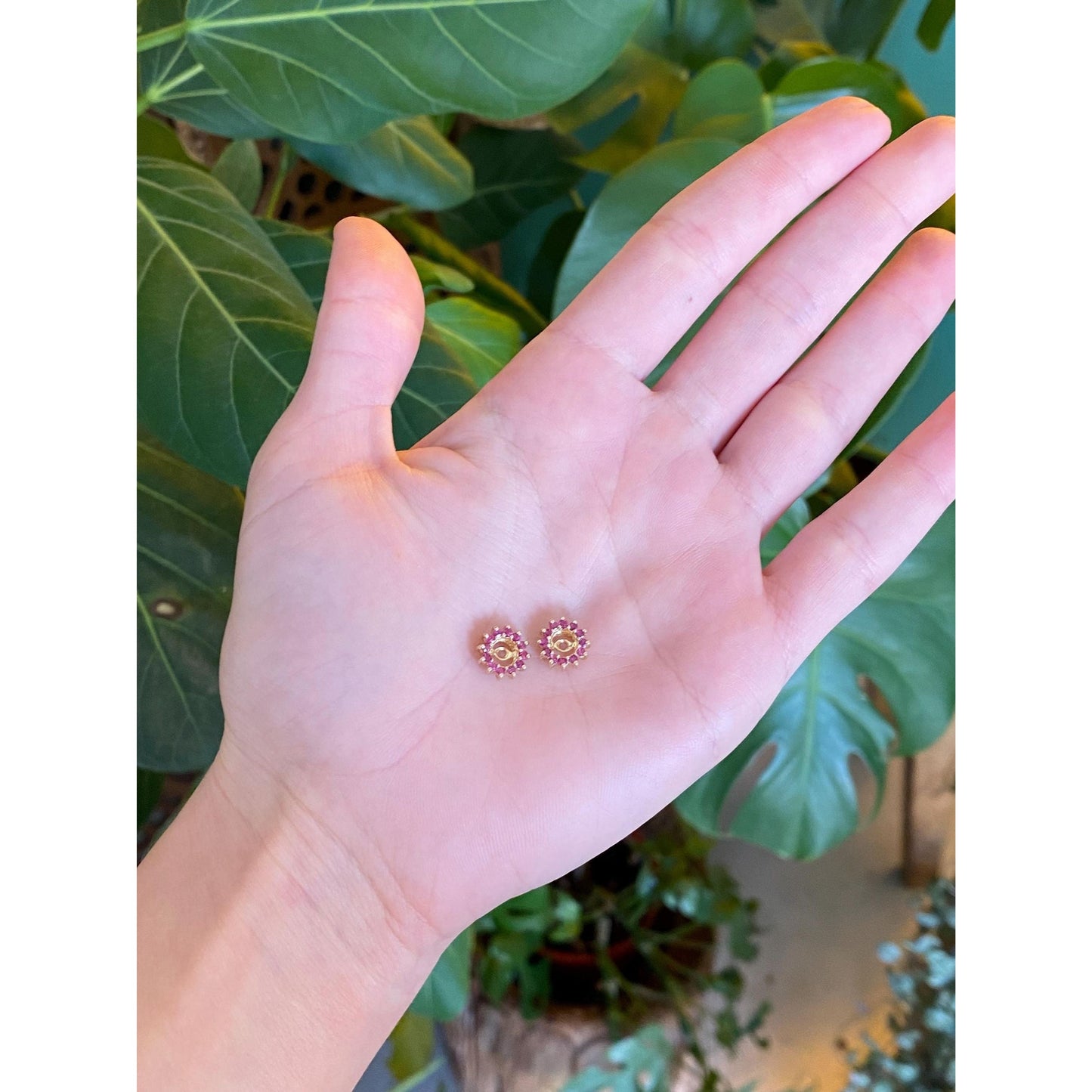 Vintage Solid 14k Yellow Gold Pink Sapphire Flower Earring Jackets