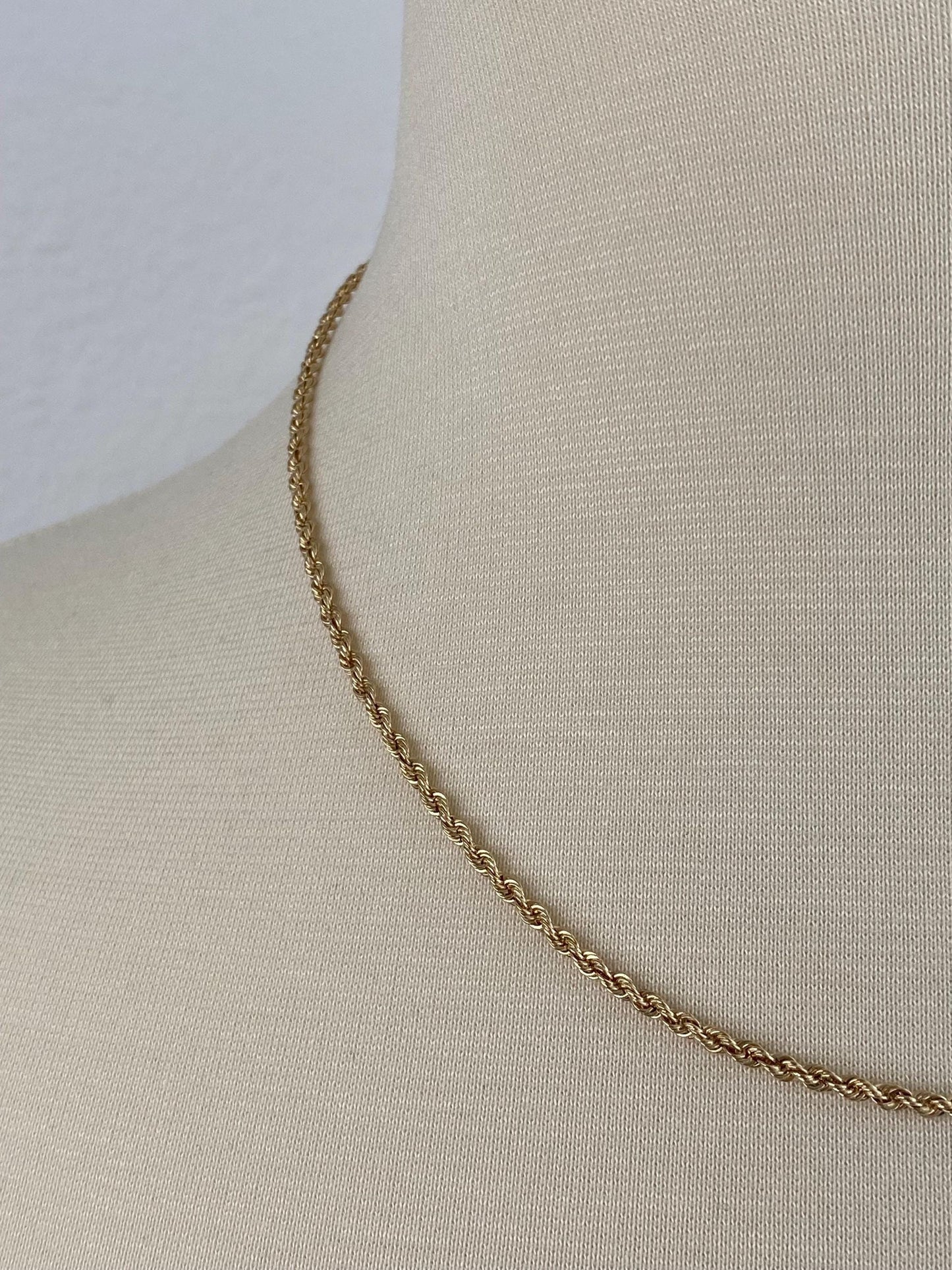 Vintage Solid 14k Yellow Gold Slim Rope Chain Necklace - 18 inches