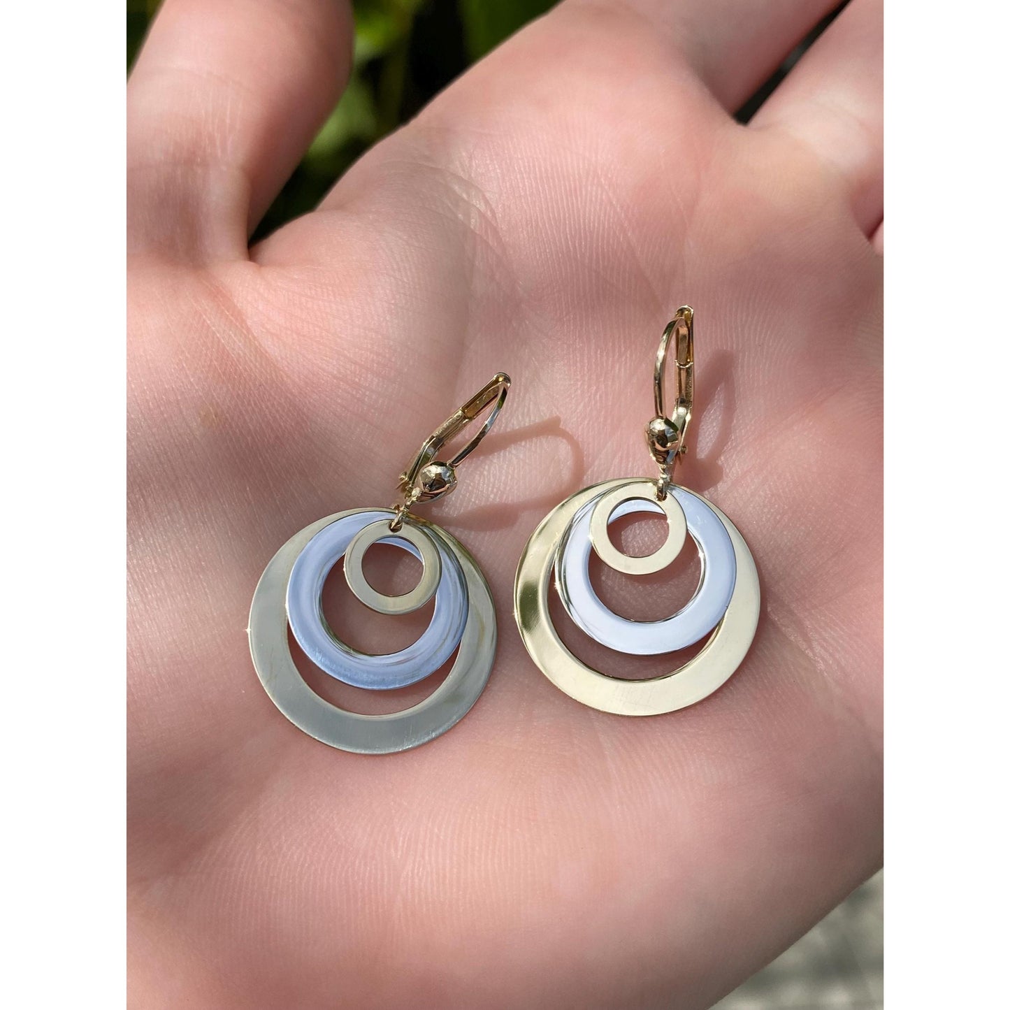 Vintage Solid 14k White & Yellow Gold Circle Dangle Earrings