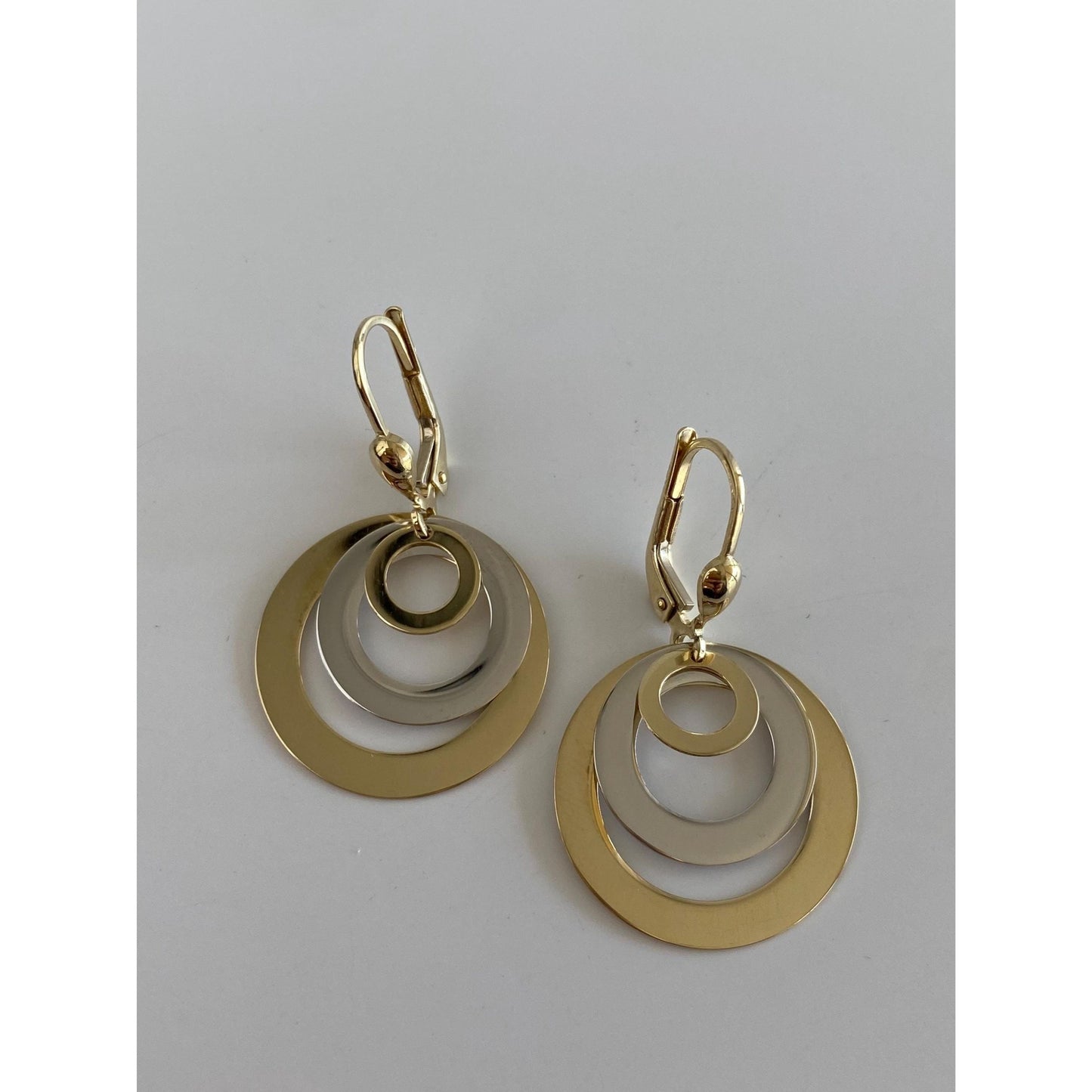 Vintage Solid 14k White & Yellow Gold Circle Dangle Earrings