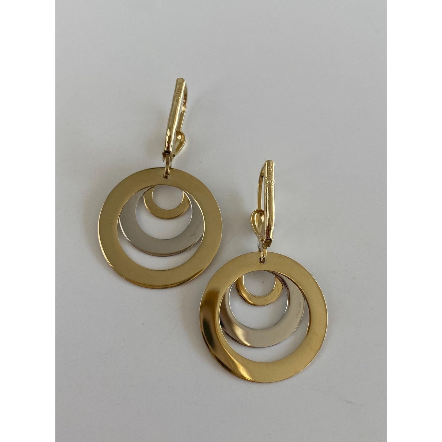 Vintage Solid 14k White & Yellow Gold Circle Dangle Earrings