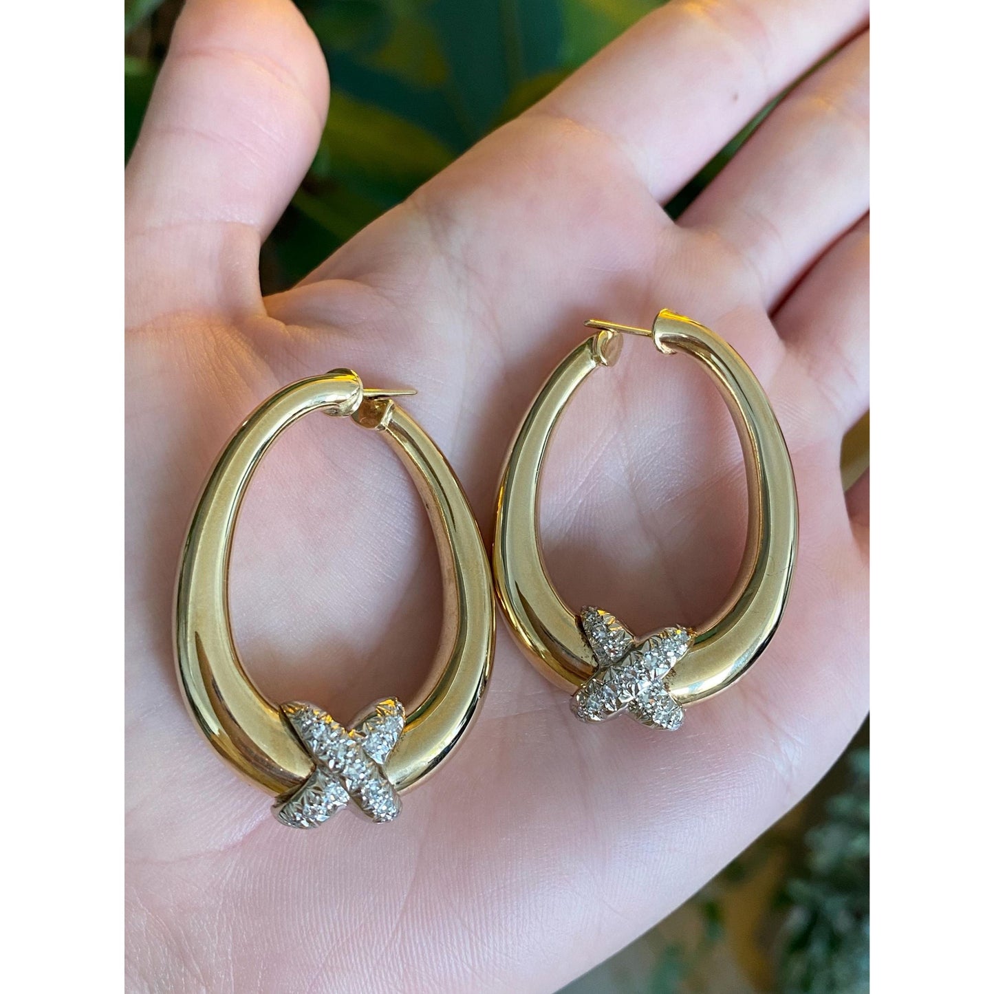 Vintage Solid 14k Yellow Gold Diamond X Hoop Earrings